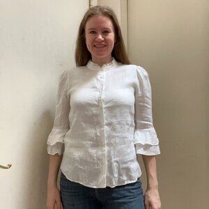 Reformation White 100% Linen Button-Up Blouse | Ruffle Sleeve | Size M